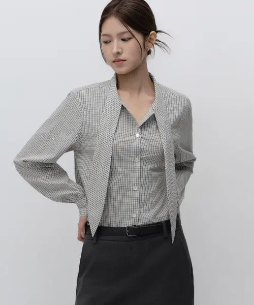 [MUSINSA STANDARD WOMAN] Women's Check Tie Blouse [Ivory/Dark Grey] / 우먼즈 체크 타이 블라우스 [아이보리/다크 그레이]
