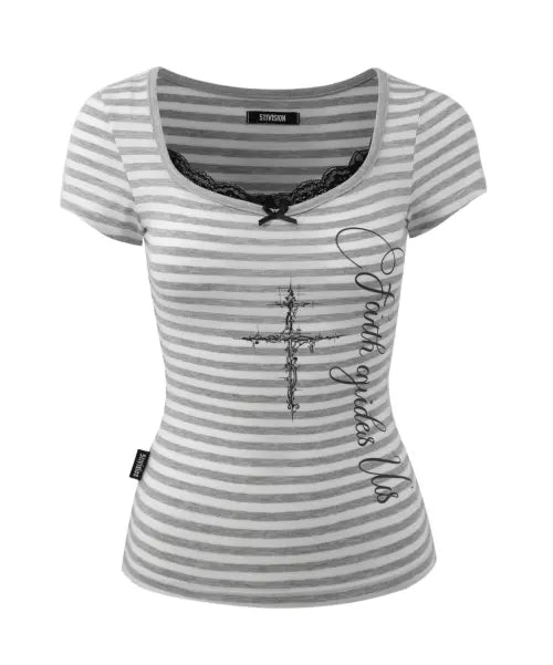 [511VISION] DOLLY LACE TOP, GRAY-STRIPE