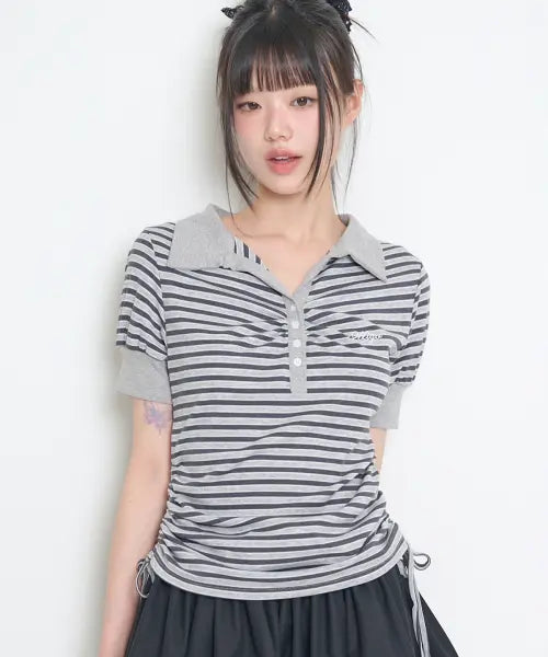 [ILLIGO] STRIPE SHIRRING COLLAR T-SHIRT CHARCOAL / 스트라이프 셔링 카라 티 차콜