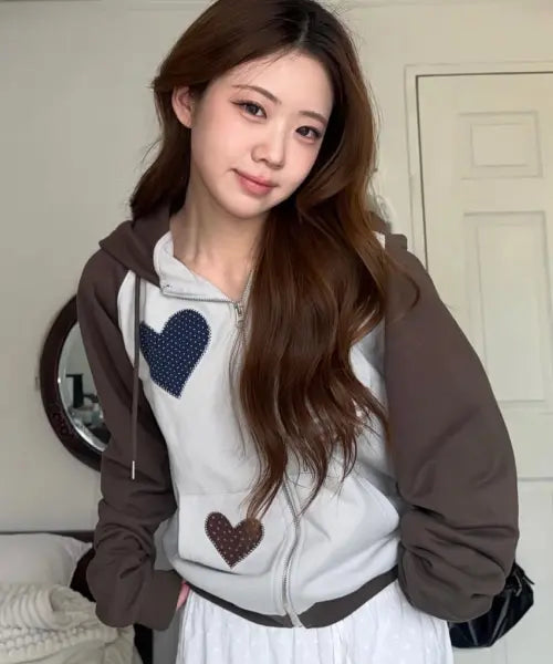 [ROGIN N ROSIE] Divided Heart Patch Hood Zip Up Brown