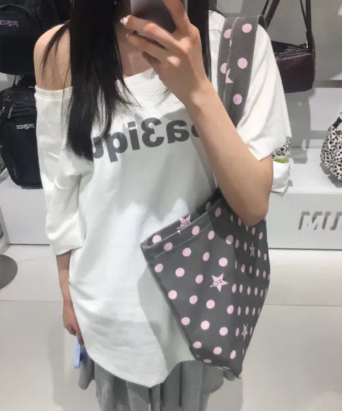 [ESCAPEFROM] Plum Pixel ESCF Dot Star Denim Eco Bag / 플럼 픽셀 ESCF 도트 별 데님 에코백
