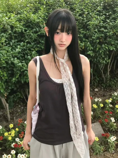 [LO AXUAL] PICOT SHIRRING SLEEVELESS_PURPLE CHARCOAL / 피콧 셔링 슬리브리스_퍼플 차콜