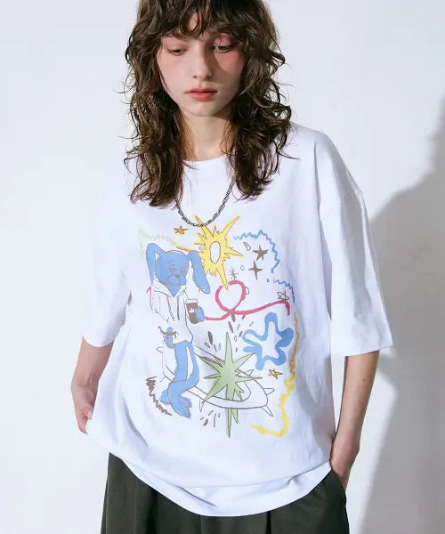 [GAKKAI UNIONS] Bunny Drawing Short Sleeve T-Shirt White / 바니 드로잉 반팔 티셔츠 화이트