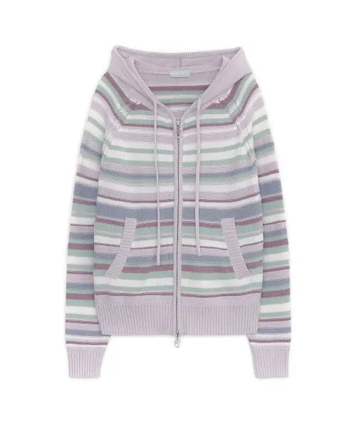 [HUG YOUR SKIN] Candy stripe knit hoodie zip-up (Lavender Pink) / 캔디 스트라이프 니트 후드집업 (라벤더 핑크)