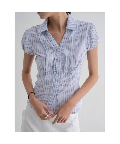 [8SECONDS] Stripe Frill Shirt - Sky Blue / 스트라이프 프릴 셔츠  스카이 블루