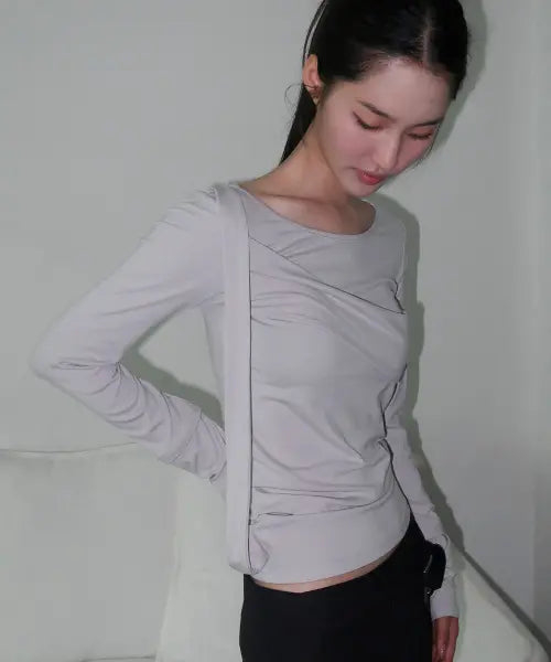 [PLACE STUDIO] Draped layered detail round neck cotton long sleeve slim fit t-shirt - 3 colors / 드레이프 레이어드 디테일 라운드넥 코튼 롱슬리브 슬림핏 우먼즈 티셔츠_3COLOR