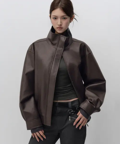 [MUSINSA STANDARD WOMAN] Women's Synthetic Leather High Neck Blouson Jacket [Brown] / 우먼즈 신세틱 레더 하이 넥 블루종 재킷 [브라운]