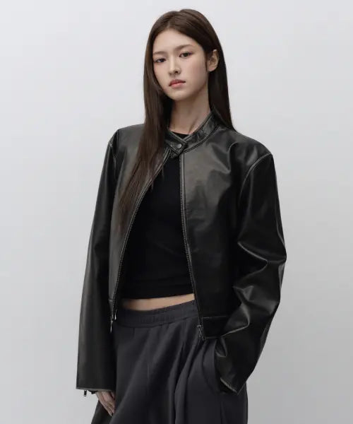 [MUSINSA STANDARD WOMAN] Women's Faded Synthetic Leather Racer Jacket [Black] / 우먼즈 페이디드 신세틱 레더 레이서 재킷 [블랙]