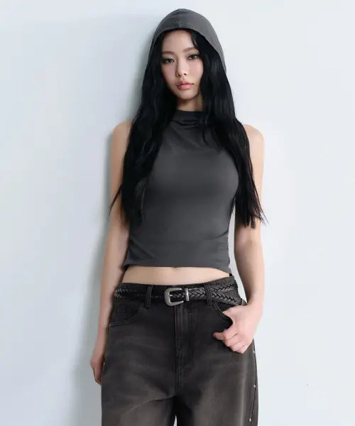 [MUSINSA STANDARD WOMAN] Women's Drape Hooded Sleeveless Top [Dark Grey] / 우먼즈 드레이프 후디드 슬리브리스 탑 [다크 그레이]