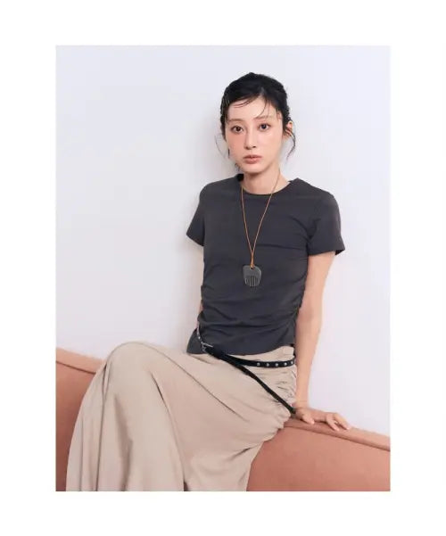 [8SECONDS] Ash Side Shirring Short Sleeve T-Shirt / 사이드 셔링 반소매 티셔츠  애쉬