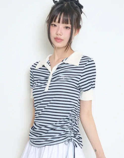[ILLIGO] STRIPE SHIRRING COLLAR T-SHIRT SKY / 스트라이프 셔링 카라 티 스카이