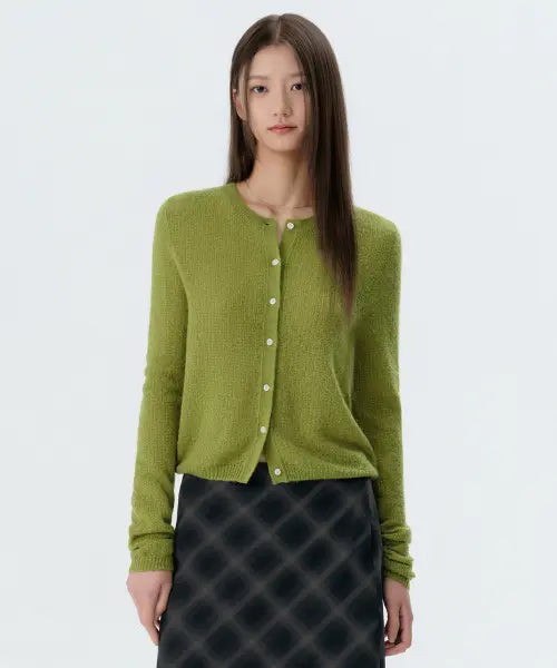 [MUSINSA STANDARD WOMAN] WOMENS SHEER TEXTURED ROUND NECK CARDIGAN [OLIVE] / 우먼즈 시어 텍스처드 라운드 넥 가디건 [올리브]