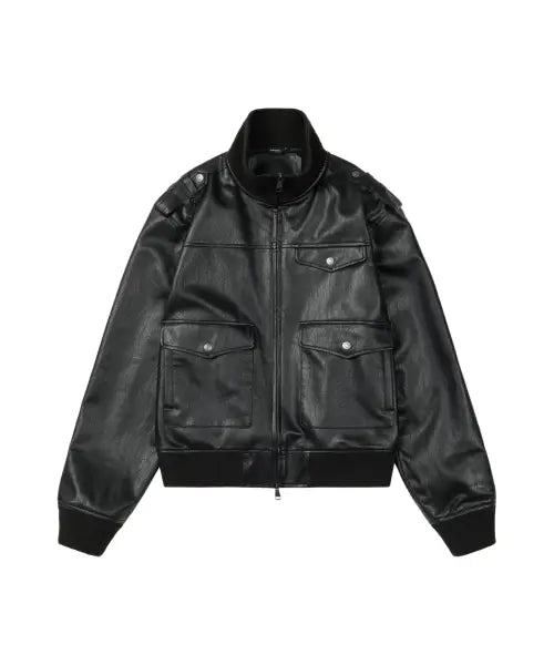 [AAKAM] High Neck Flight Leather Jacket (Black)