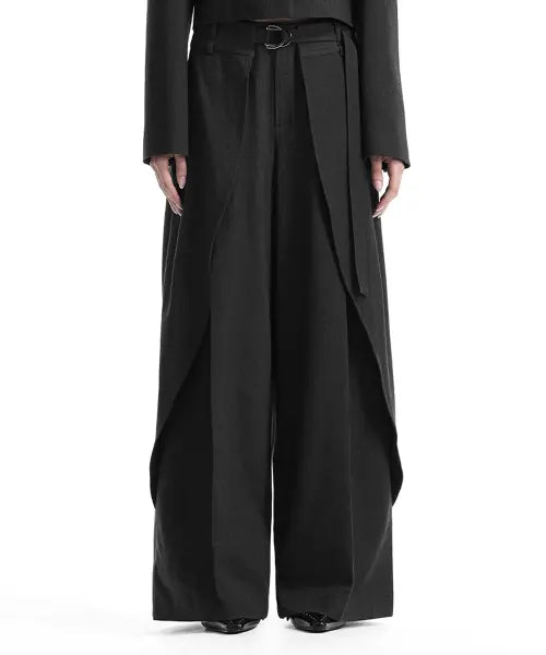 [TREEMINGBIRD] Buckle Layered Set-Up Wide Slacks [ Charcoal ]