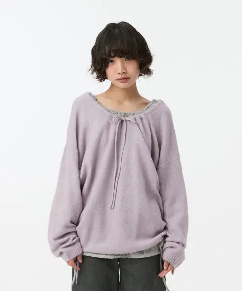 [OHESHIO] SOFT ALPACA LAYERED U-NECK KNIT, LAVENDER