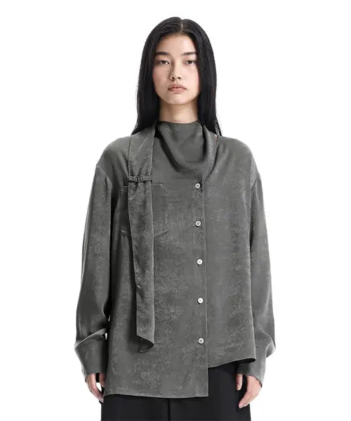 [TREEMINGBIRD] Asymmetric Scarf Blouse [ Charcoal ]