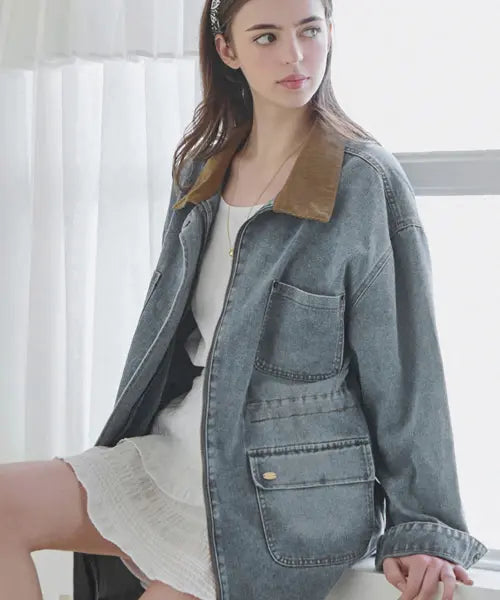 [SLOWLOLLI] Denim washed work jacket - Light blue
