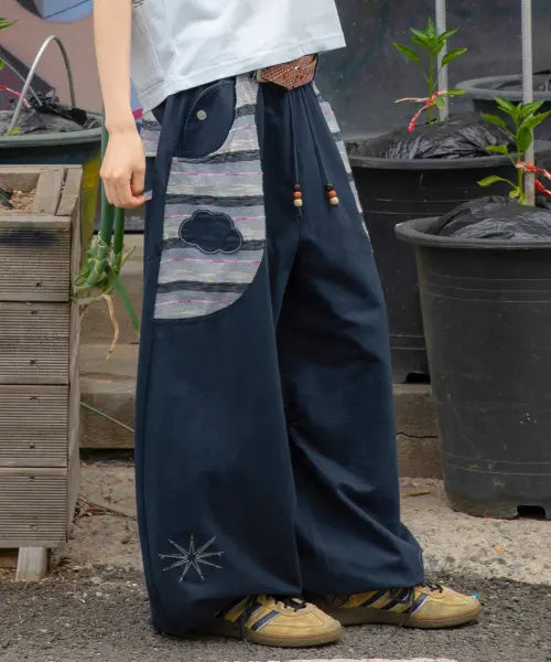 [RuNaKi'Hu'] Hanauta Fleece Sweat Balloon Pants (NAVY) / WXP095 하나우타 아플리케 스웻 벌룬팬츠 (NAVY)