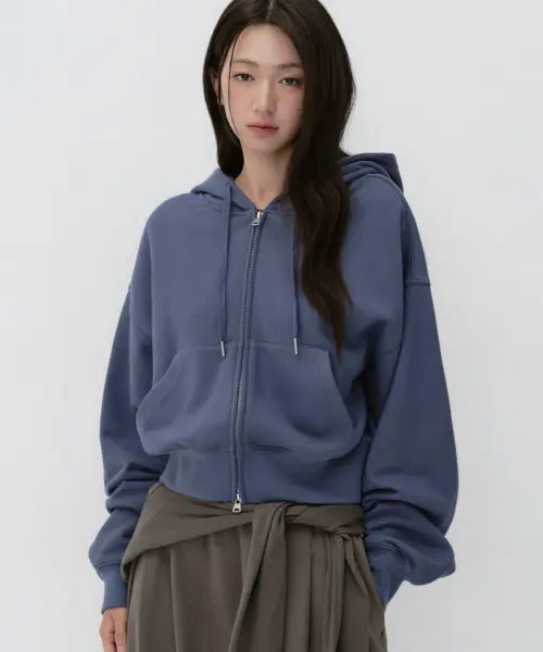 [MUSINSA STANDARD WOMAN] Women's Volume Cropped Hooded Sweat Zip-Up [Dusty Blue] / 우먼즈 볼륨 크롭 후디드 스웨트 집업 [더스티 블루]