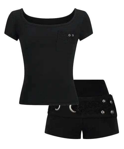 [ILLIO] [SET] Black Square Neck Lace Pocket T-shirt + Lace Belted Shorts