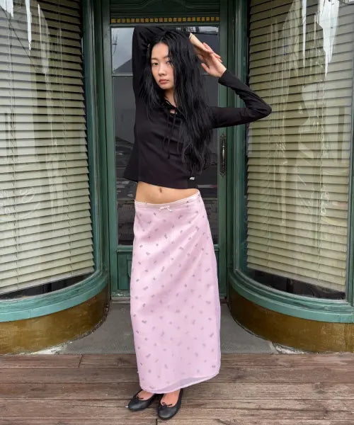 [8SECONDS] MINJUKIM Organza Layered Print Skirt Light Pink / [민주킴] 오간자 레이어드 프린트 스커트  라이트 핑크