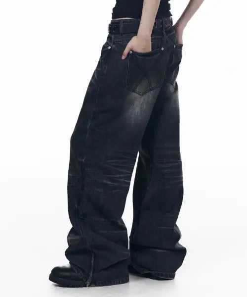 [AAKAM] Washed Zipper Slit Denim Pants (Black)