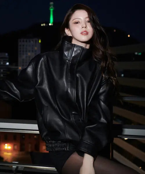 [MUSINSA STANDARD WOMAN] Women's Synthetic Leather High Neck Blouson Jacket [Black] / 우먼즈 신세틱 레더 하이 넥 블루종 재킷 [블랙]