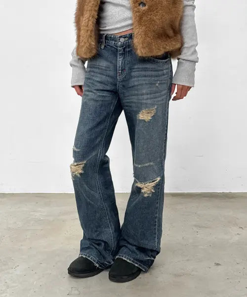 [SANDRIC] Distressed Bootcut Denim Pants_blue