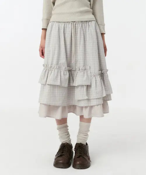 [OHESHIO] CHECK FRILL MIDI SKIRT, LIGHT BEIGE