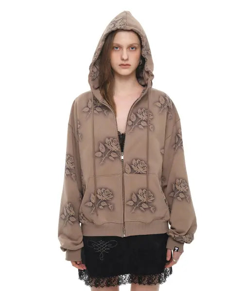 [TOOMUCHTAX] Floral Spray Zip-up Hoodie Brown / 플로럴 스프레이 집업 후디 브라운