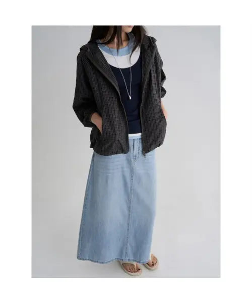 [8SECONDS] Checked Lightweight Hooded Jumper - Black / 체크 후드 경량 점퍼  블랙