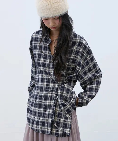 [MICHIKO LONDON KOSHINO] Side Button Check Shirts Navy / 사이드 버튼 체크 셔츠 네이비