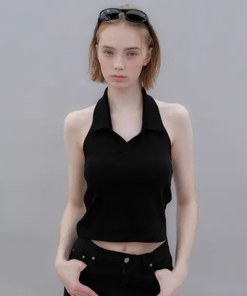 [ANDL] OPEN BACK COLLAR TOP - BLACK / 오픈 백 카라 탑 - 블랙