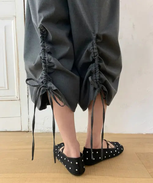 [RONRON] RIBBON POCKET SHIRRING BERMUDA PANTS GREY