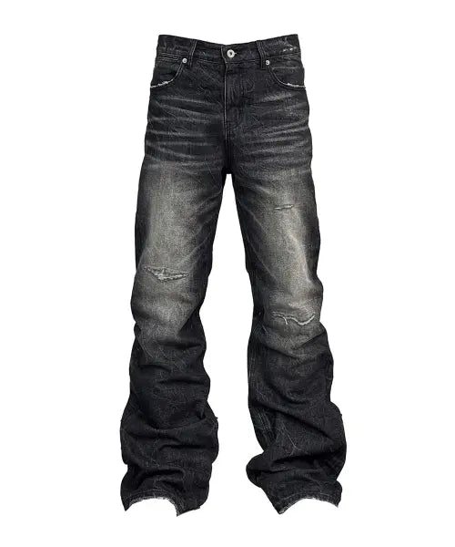 [043Y] Distressed Washed Black Flared Denim
