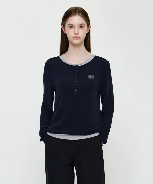 [MARITHÉ + FRANҪOIS GIRBAUD] W HENLEY NECK LAYERED LONG SLEEVE TEE navy