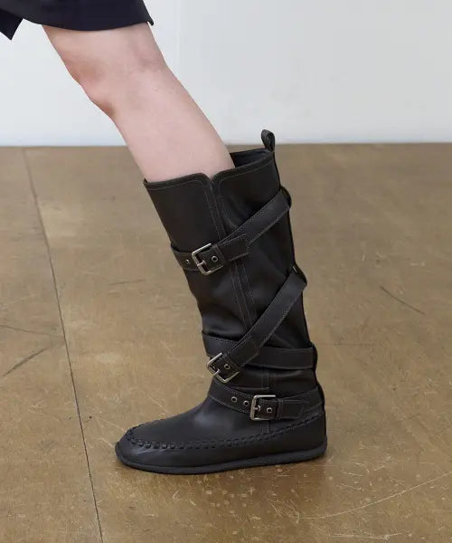 [KHIHO] Berrin Multi Buckle Long Boots - Gray / 베린 멀티 버클 롱 부츠 그레이