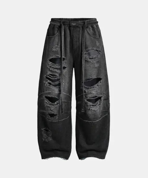 [BADBLOOD] Destroyed Raw-Edge Joggers - Denim Black