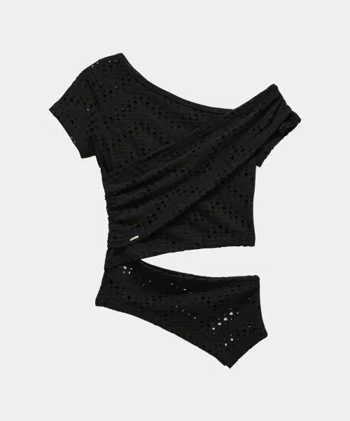 [ETRE AU SOMMET] Hole Knit Layered Side Slit Top (Black)