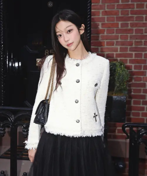 [VIRGINKISS] Rice grunge crop tweed jacket - IVORY