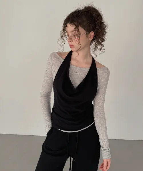 [TWEE] Verun Halterneck Tank Top Set [Long Sleeve/Short Sleeve Ver.] / 베런 홀터넥 나시 티셔츠 세트 [긴팔/반팔VER]