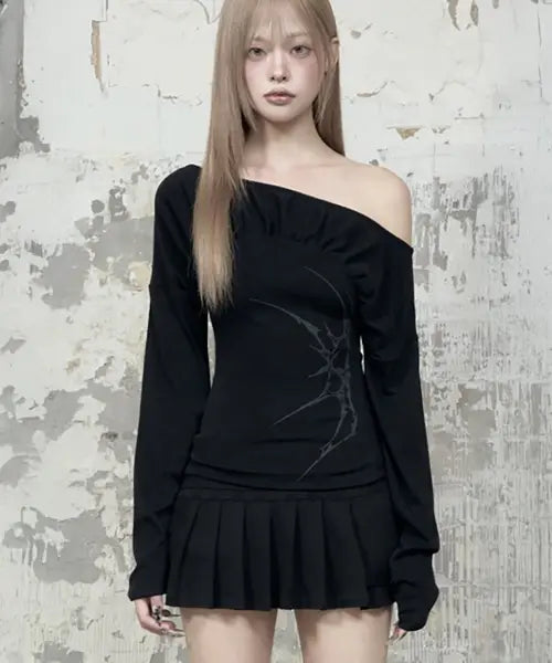 [ETRE AU SOMMET] Glam Drape Shirring Long Sleeve (Black)