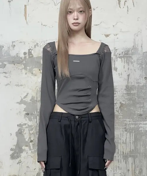 [ETRE AU SOMMET] Bust Line Pintuck Detail Long Sleeve (Dark Gray)