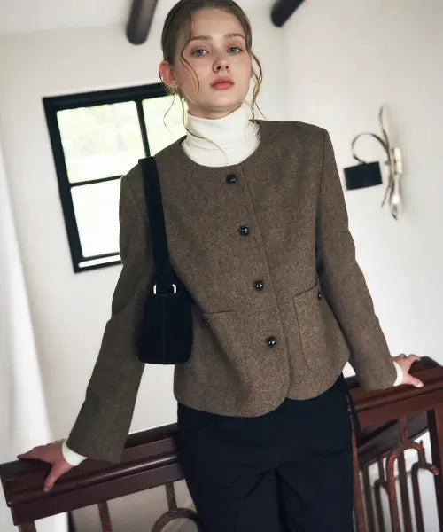 [DRAWFIT WOMEN] DUSK WOOL BUTTON SHORT JACKET [MOCHA] / 더스크 울 버튼 숏 자켓 [MOCHA]