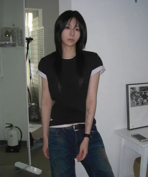 [RUU SEOUL] 404 Button Layered T-shirt Black / 404 버튼 레이어드 티셔츠 블랙