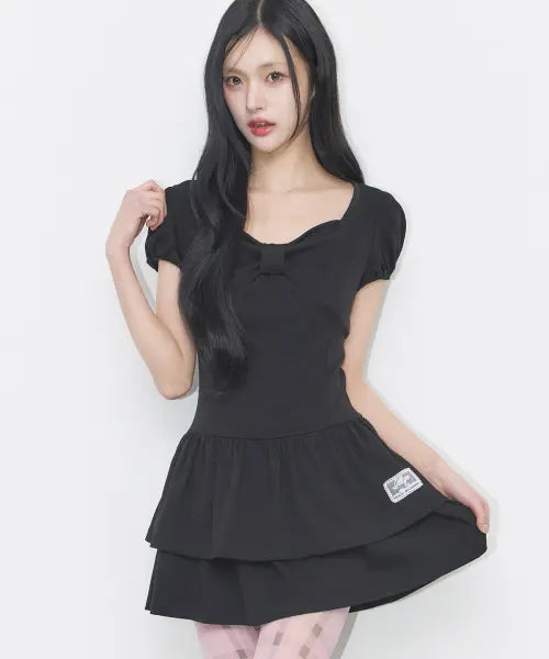 [ILLIGO] BOW FLARE MINI DRESS BLACK / 보우 플레어 미니 원피스 블랙