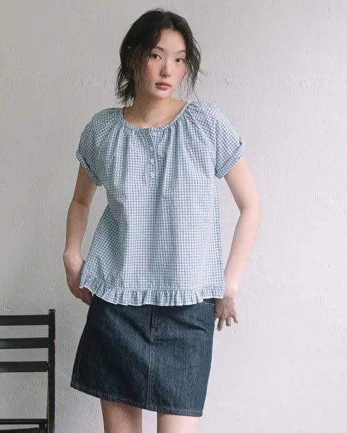 [HAVISM] CHECK HENLEY NECK BLOUSE(SKY BLUE)