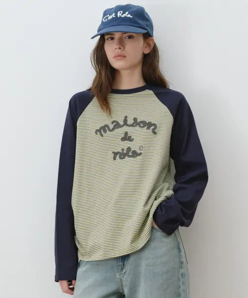 [ROLAROLA] MAISON DE ROLA EMBROIDERY STRIPE LONG SLEEVE L/GR+NV