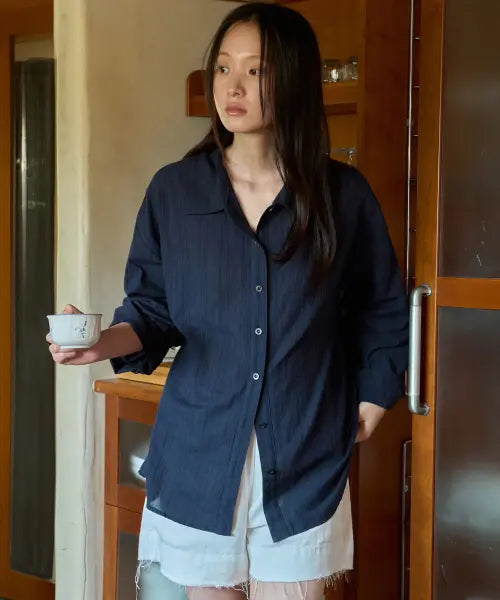 [WEDNESDAYOASISFORWOMEN] Daylight Stripe Shirt_NAVY(WB6SH08) / 데이라이트 스트라이프 셔츠_NAVY(WB6SH08)