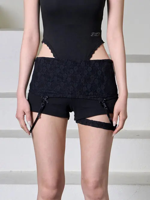 [EUCT] Folding lace strap Micro shorts - BLACK / 폴딩 레이스 스트랩 마이크로 쇼츠 - 블랙